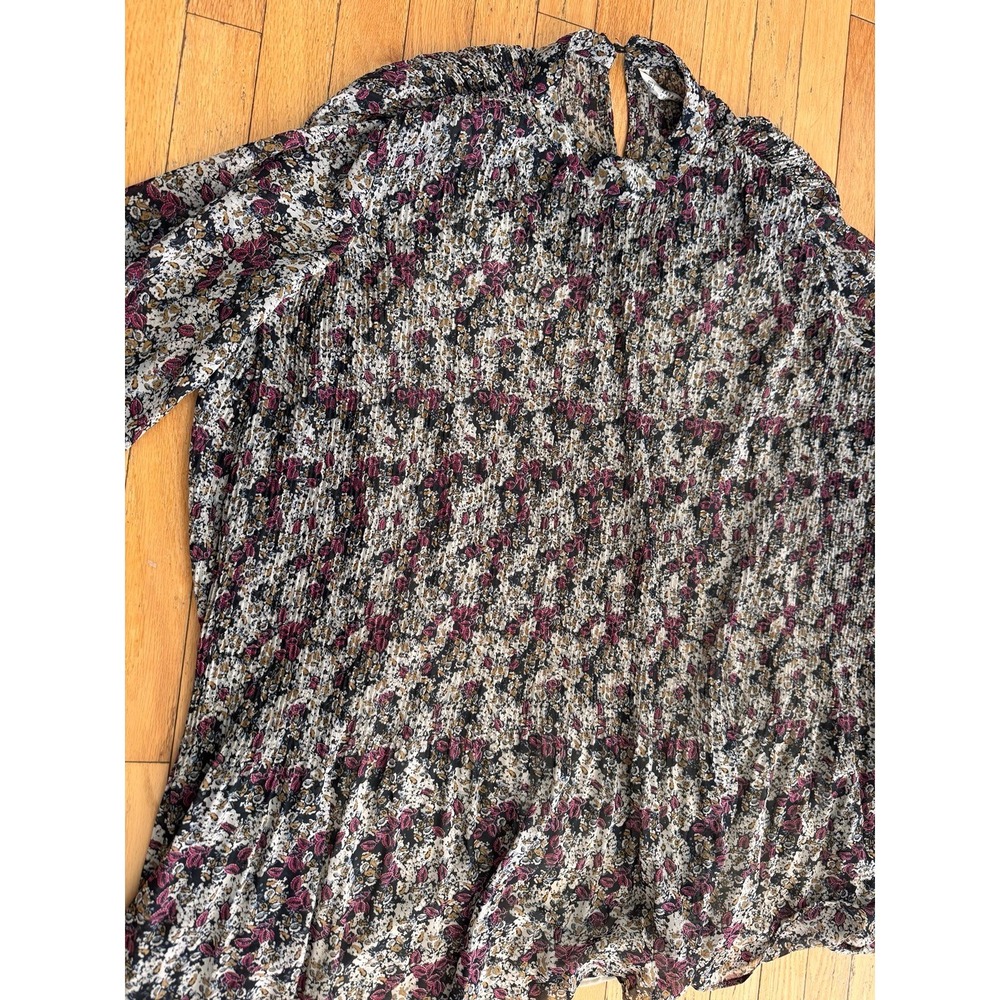 Zara Basic Floral Pleated Chiffon Tunic Top High‎ Neck Short Sleeve Burgundy L